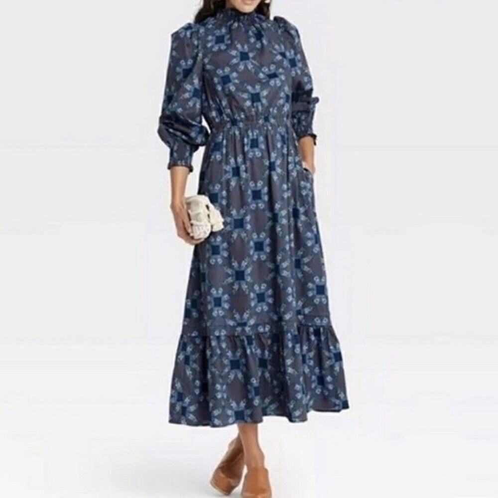 Universal Thread Women XS Midi Dress Blue Gray Geometric Puff Sleeve Tiered